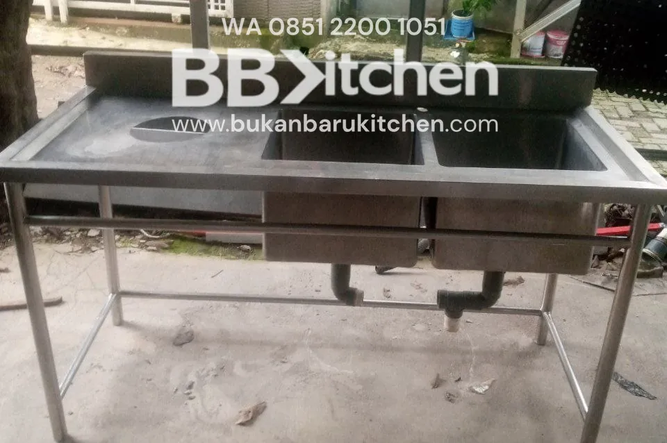 Double Sink Stainless Steel dengan Lobang Pembuangan Kiri - Ukuran P 150 x L 65 x T 85 cm