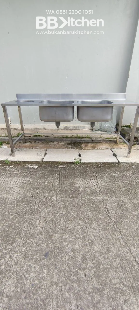 Double Sink Stainless Steel dengan Sayap dan Lubang Sampah 200x70x85