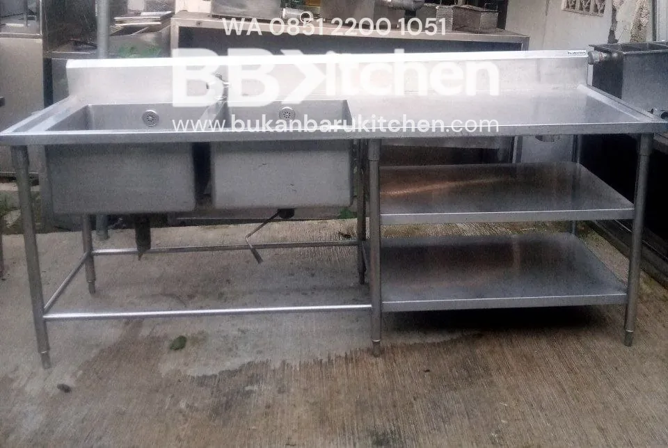 Double Sink Stainless Steel + Meja 3 Susun P 220 x L 75 x T 85 cm