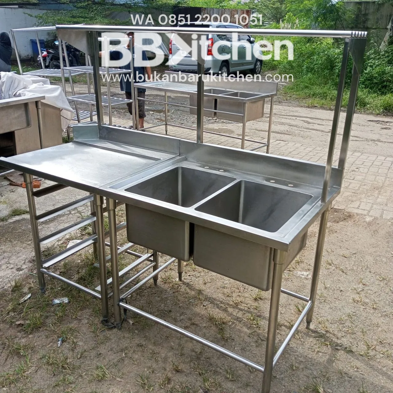 Double Sink Stainless Steel Sayap Kiri dengan Rak Tirisan P 180 x L 75 x T 85 cm - Image 2