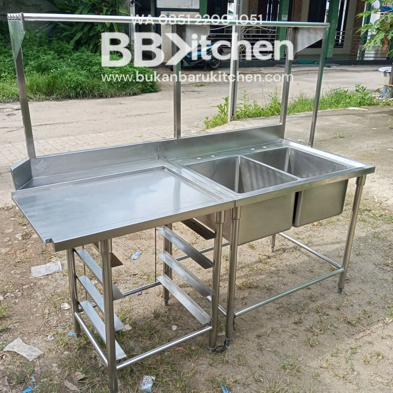 Double Sink Stainless Steel Sayap Kiri dengan Rak Tirisan P 180 x L 75 x T 85 cm - Image 3