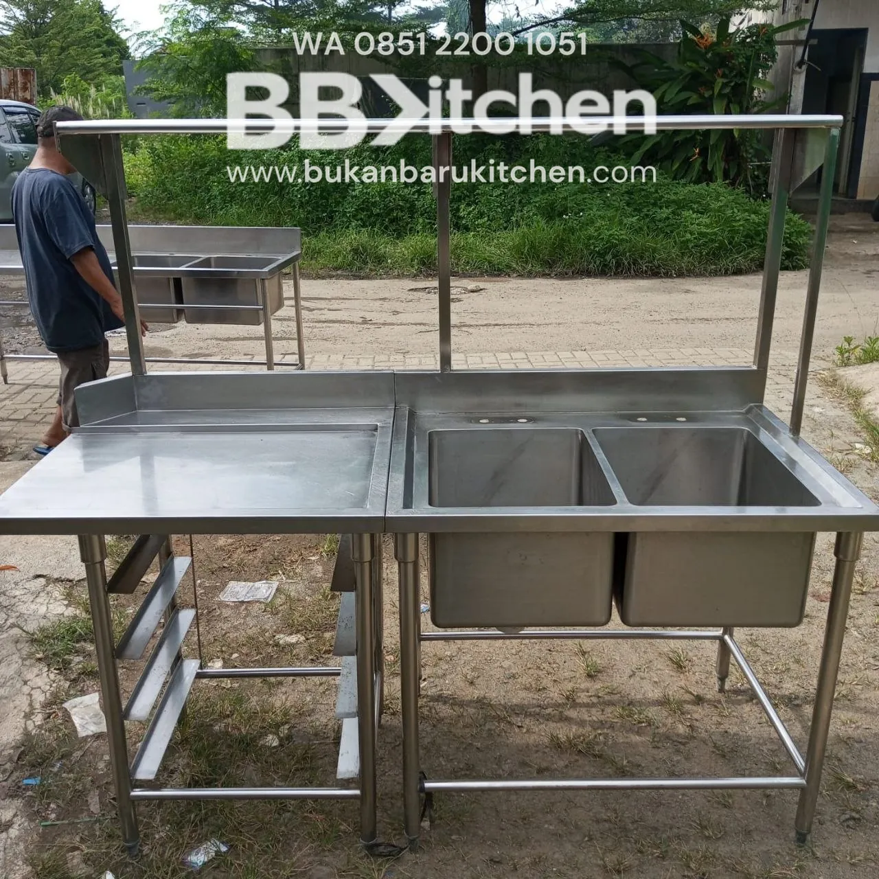 Double Sink Stainless Steel Sayap Kiri dengan Rak Tirisan P 180 x L 75 x T 85 cm - Image 4