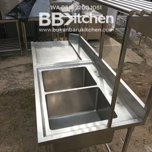 Double Sink Stainless Steel Sayap Kiri dengan Rak Tirisan P 180 x L 75 x T 85 cm