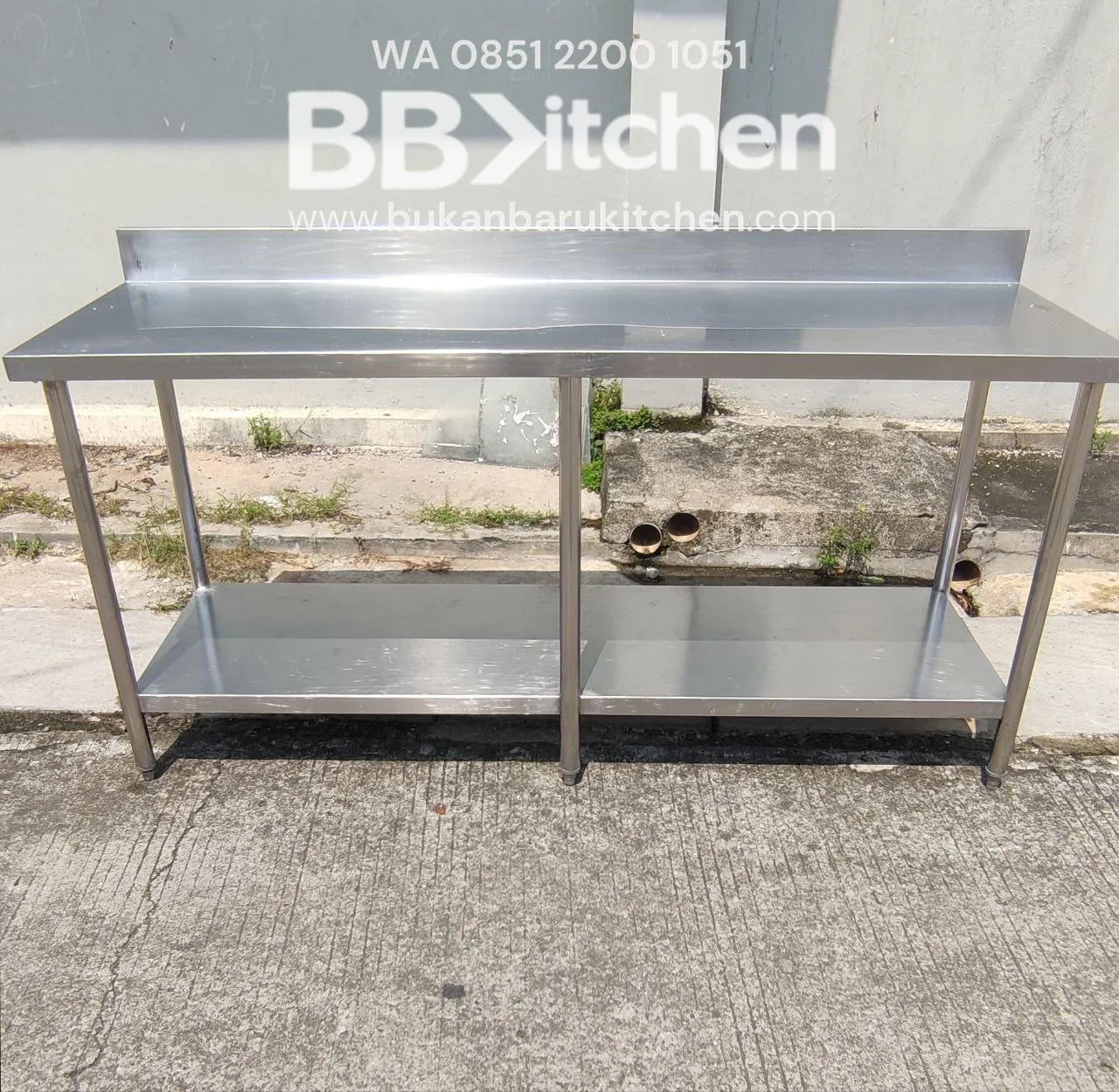 Meja 2 Susun Stainless Steel dengan Backplash Ukuran 180x60x85