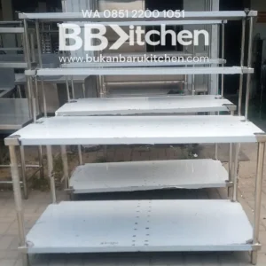 Meja 2 Susun Stainless Steel dengan Upper Shelf 150 x 75 x 85 cm
