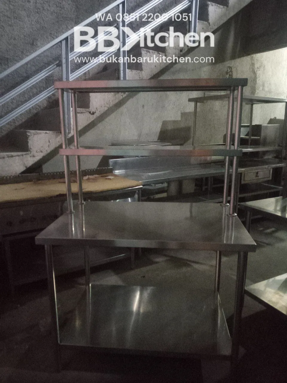 Meja 2 Susun Stainless Steel dengan Upper Shelf - P 110 x L 75 x T 85 cm