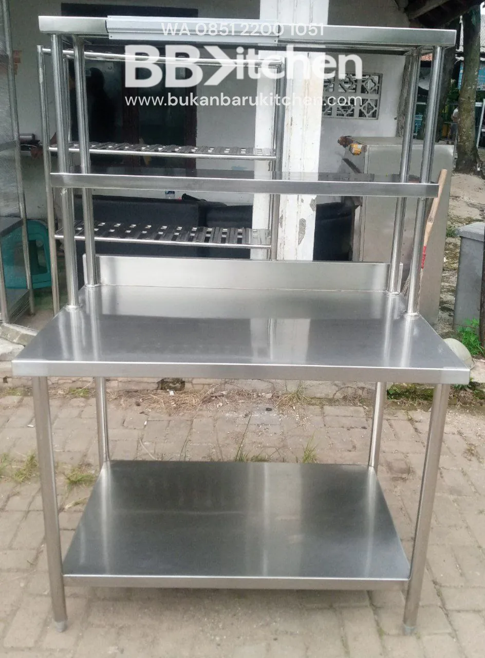 Meja 2 Susun Stainless Steel dengan Upper Shelf - P 110 x L 75 x T 85 cm