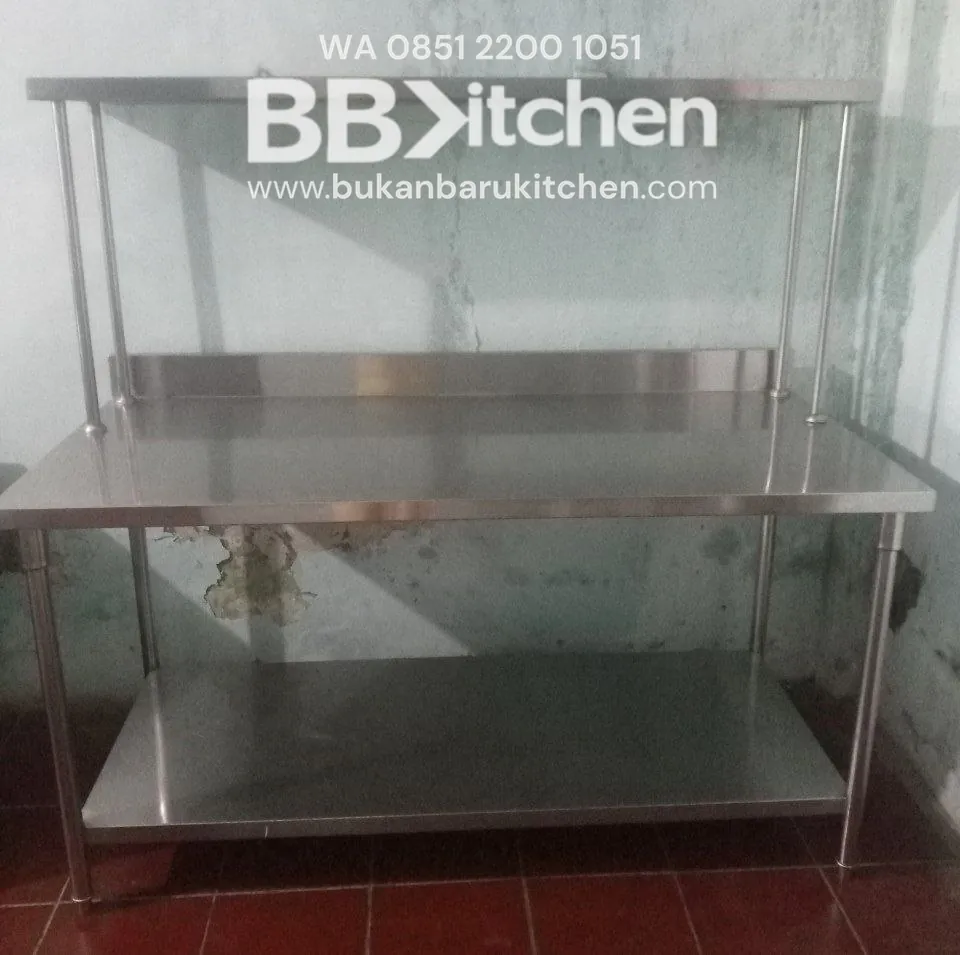 Meja 2 Susun Stainless Steel dengan Upper Shelf P 160 x L 75 x T 84 cm