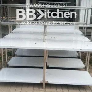 Meja 2 Susun Stainless Steel dengan Upper Shelf P 200 x L 75 x T 85 cm