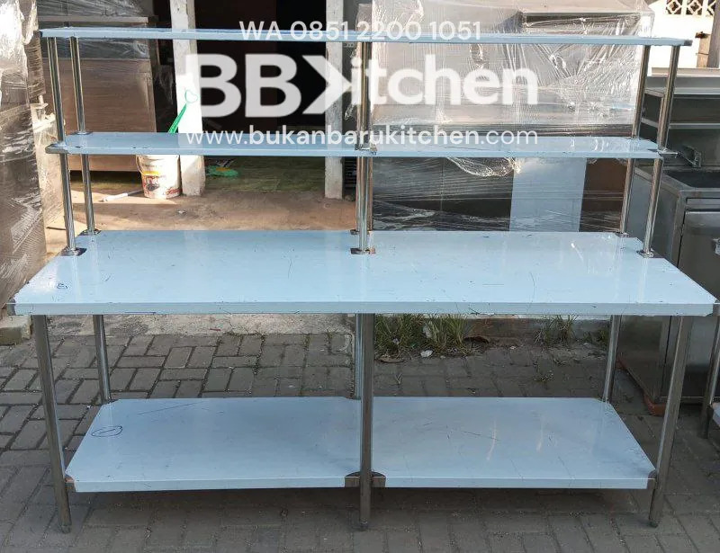 Meja 2 Susun Stainless Steel dengan Upper Shelf P 200 x L70 x T 85 cm