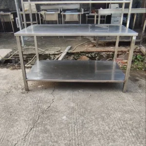 Meja 2 Susun Stainless Steel dengan Uppershelf 150x80x85