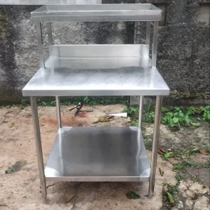 Meja 2 Susun Stainless Steel dengan Uppershelf P 86 x L 88 x T 85 Cm