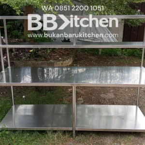 Meja 2 Susun Stainless Steel dengan Uppershelf Ukuran P 220 x L 80 x T 80 cm