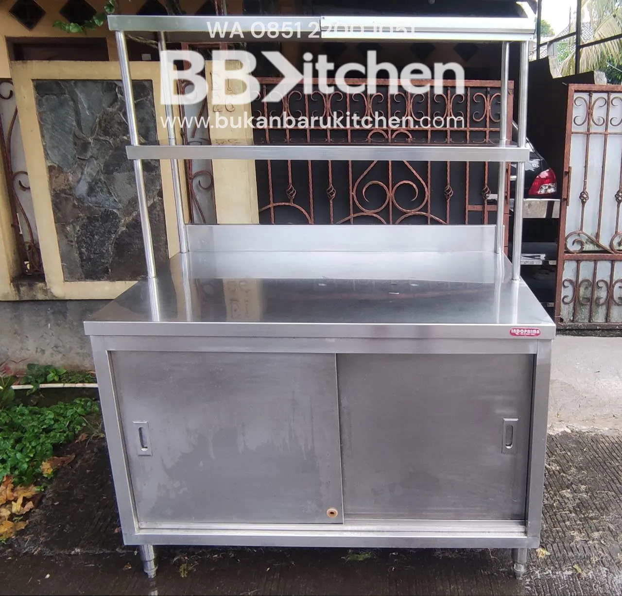 Meja Cabinet Stainless Steel dengan Upershelf Ukuran 120x75x85 cm
