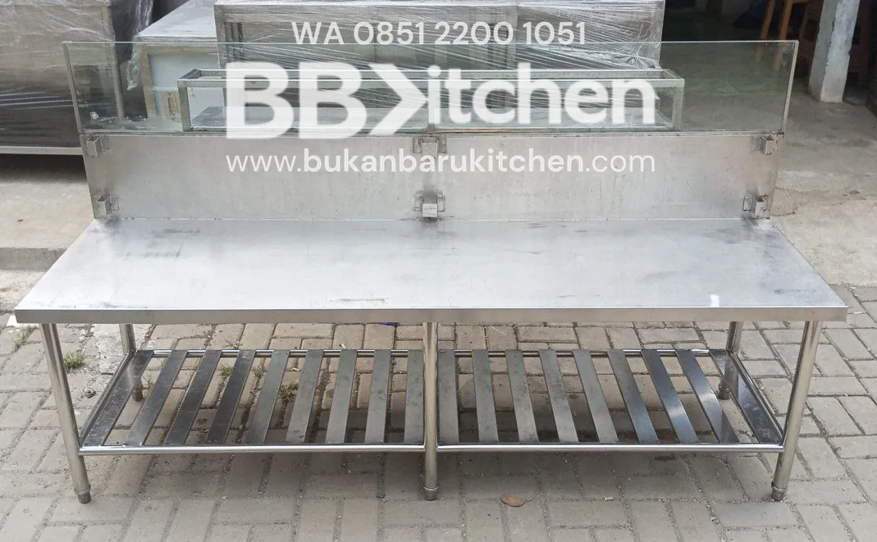 Meja Kompor 2 Susun dengan Backsplash Kaca dan Tempat Bumbu - P 195 x L 60 x T 60 cm