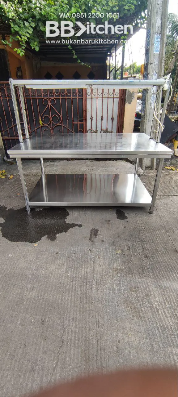 Meja Prepare 2 Susun Stainless Steel dengan Uppershelf 160x100x78