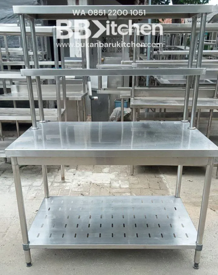Meja Stainless 2 Susun dengan Upper Shelf 120x75x85 cm