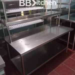 Meja Stainless 2 Susun dengan Upper Shelf - P 140 x L 70 x T 70 cm