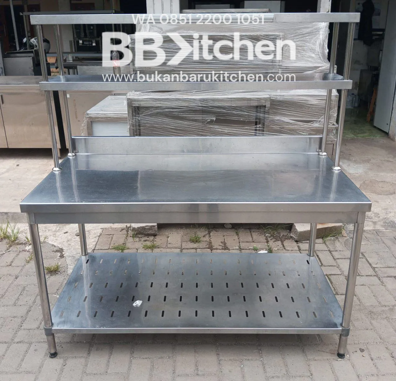 Meja Stainless 2 Susun dengan Upper Shelf P 150 x L 75 x T 85 cm
