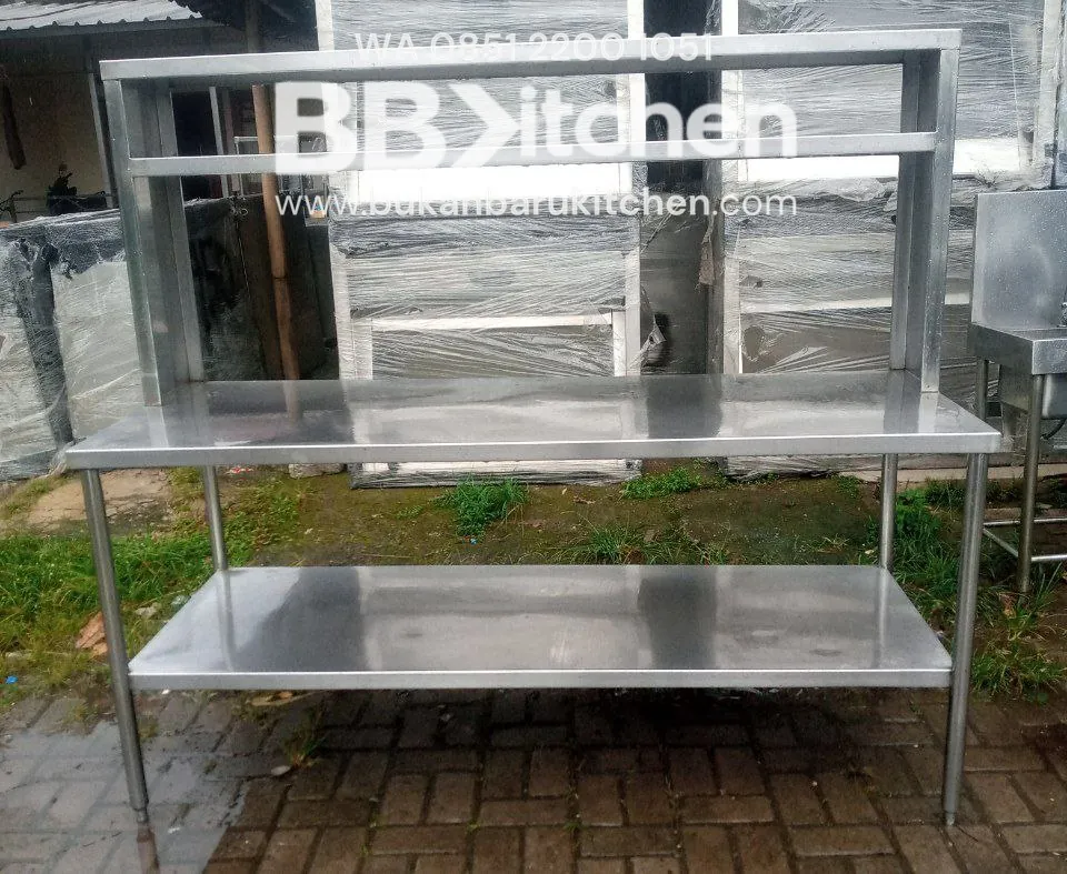 Meja Stainless 2 Susun dengan Upper Shelf Ukuran 180 x 70 x 84 cm