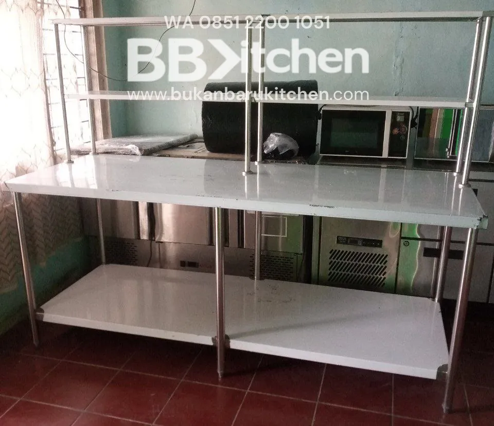 Meja Stainless 2 Susun + Upper Shelf 200x75x85 cm