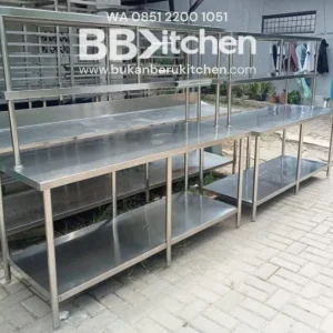 Meja Stainless Steel 2 Susun dengan Upper Shelf Ukuran 180x70x85 cm