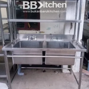 Sink Stainless Steel 2 Lobang dengan Upper Shelf P130 x L70 x T84 cm