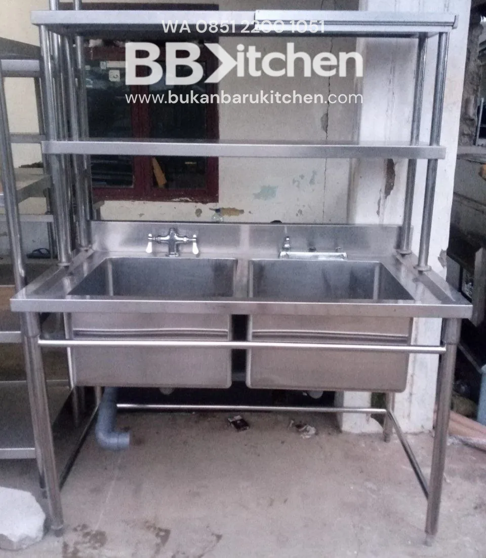 Sink Stainless Steel 2 Lobang dengan Upper Shelf P130 x L70 x T84 cm