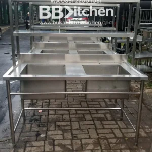 Sink Stainless Steel 2 Lobang dengan Upper Shelf - Ukuran P 150 x L 75 x T 85 cm