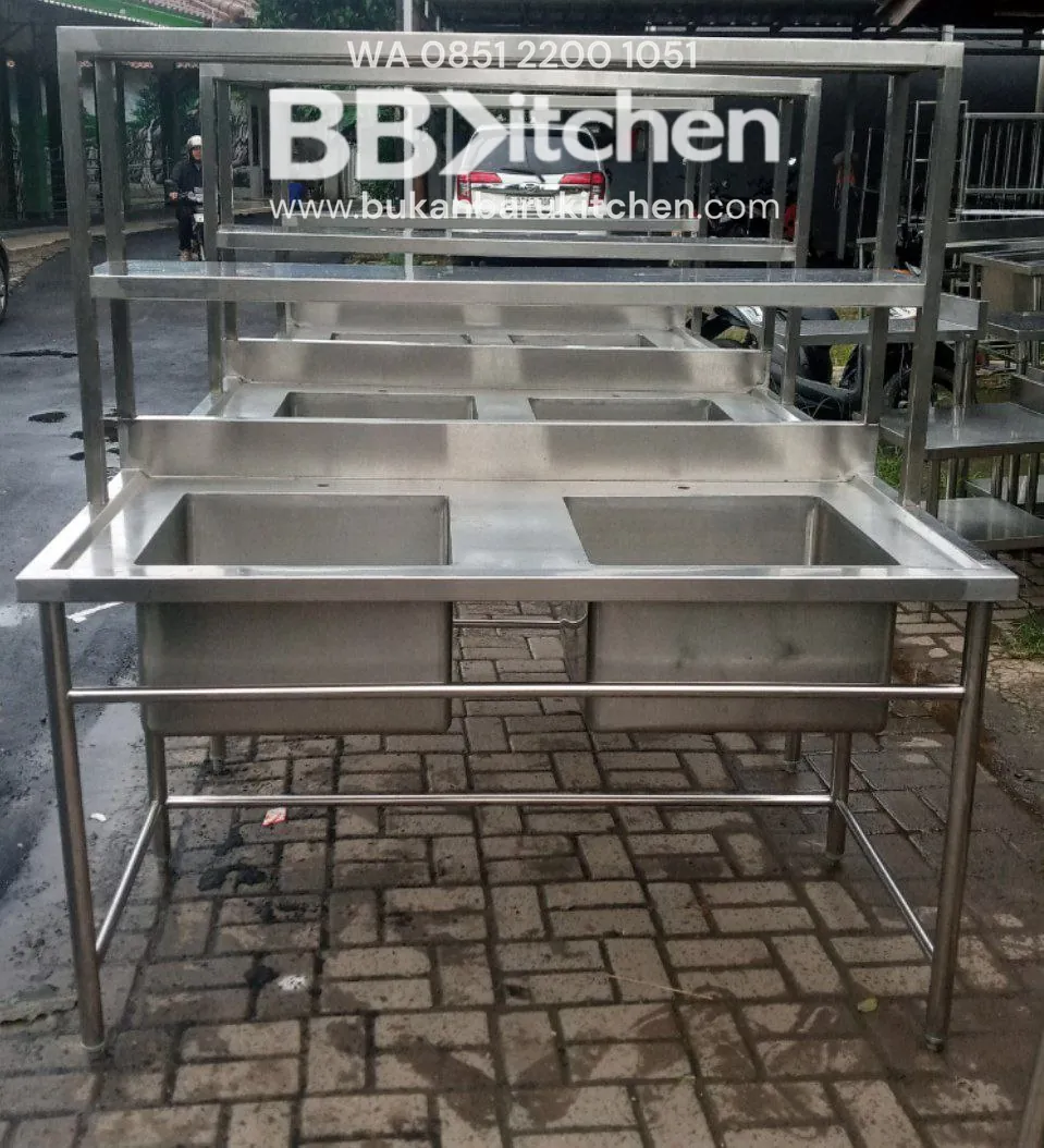 Sink Stainless Steel 2 Lobang dengan Upper Shelf - Ukuran P 150 x L 75 x T 85 cm