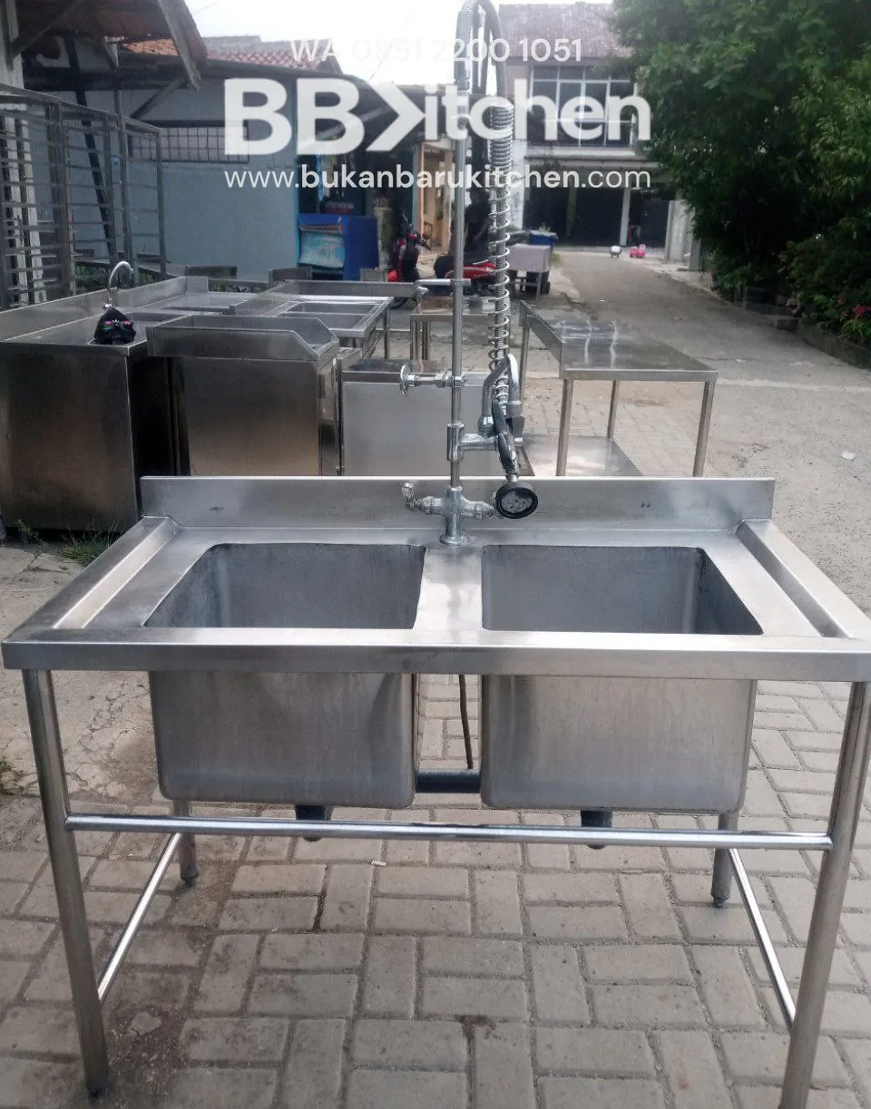 Sink Stainless Steel 2 Lobang P 120 x L 60 x T 85 cm - Kran Belalai Hot & Cool