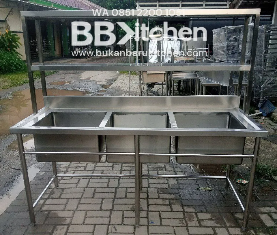 Sink Stainless Steel 3 Lobang dengan Upper Shelf P180 x L75 x T85 cm