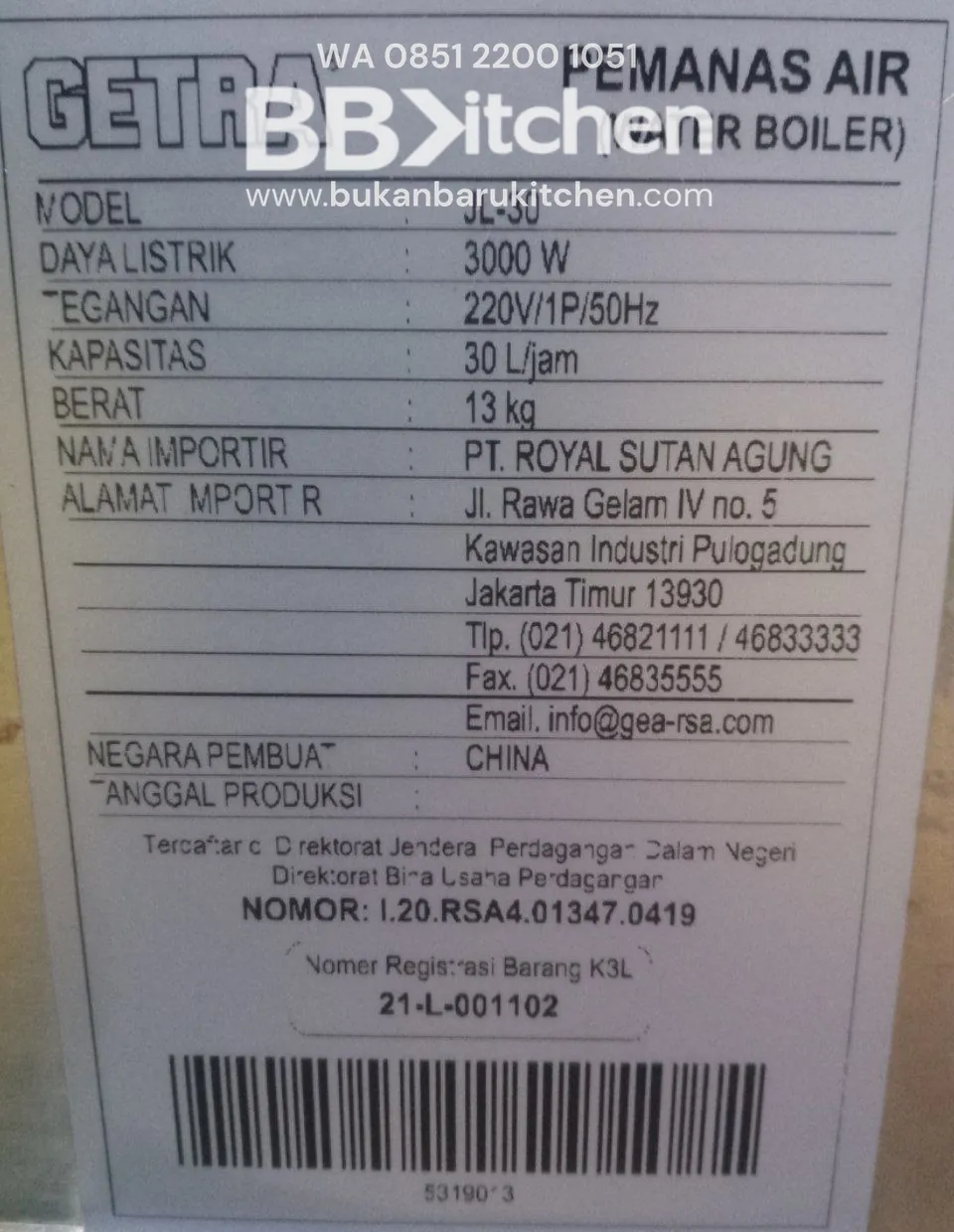 Water Boiler Getra JL-30 3000W Pemanas Air - Image 2