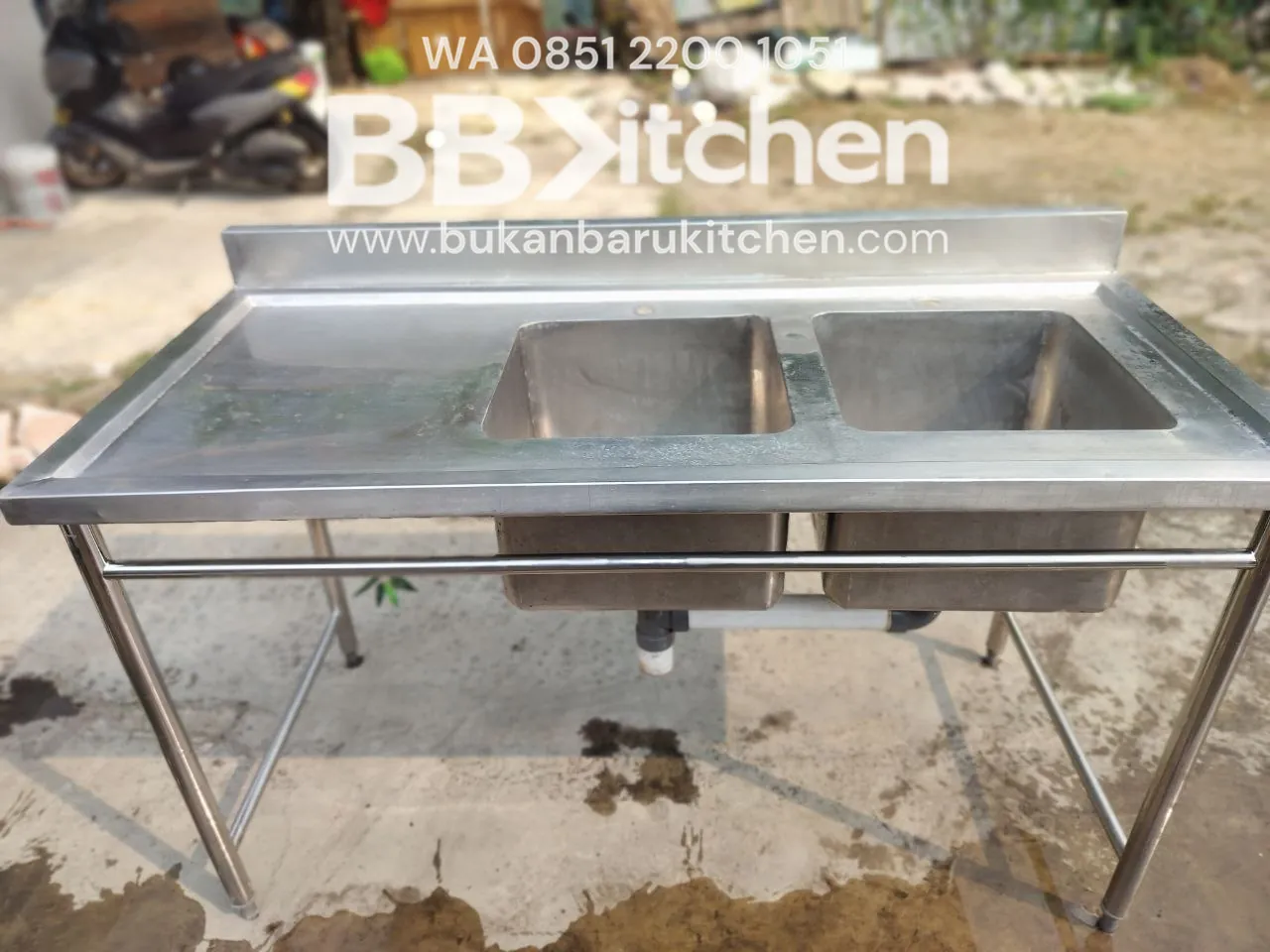 Double Sink Stainless Steel 150x70x85 cm dengan Sayap - Image 3