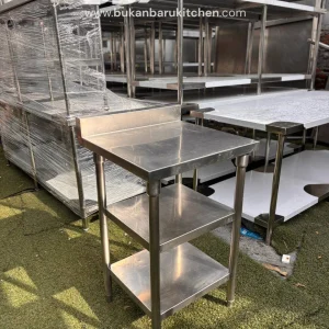 Meja 3 Susun Stainless Steel dengan Backsplash Ukuran 55x55x85