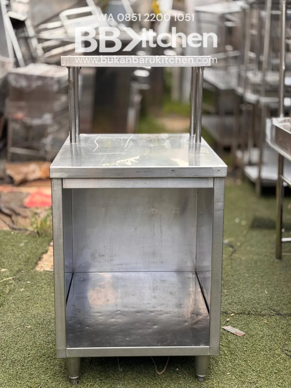 Meja Kabinet Stainless Tanpa Pintu dengan Upper Shelf 60x75x85 - Image 2