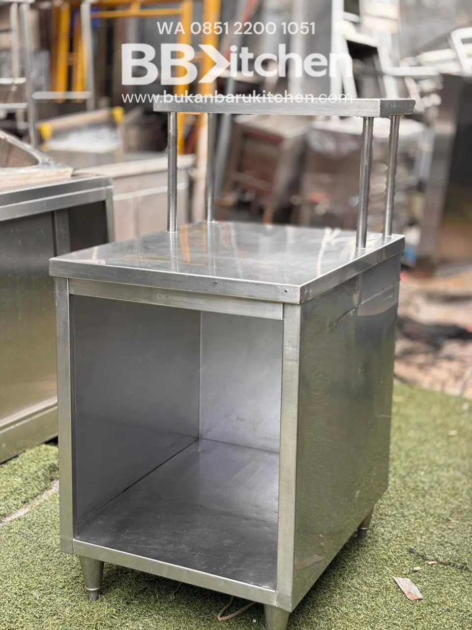 Meja Kabinet Stainless Tanpa Pintu dengan Upper Shelf 60x75x85 - Image 3