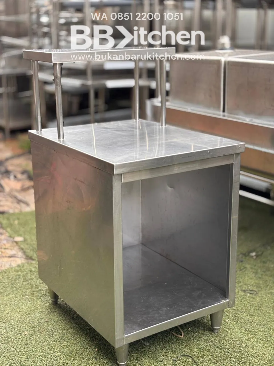 Meja Kabinet Stainless Tanpa Pintu dengan Upper Shelf 60x75x85