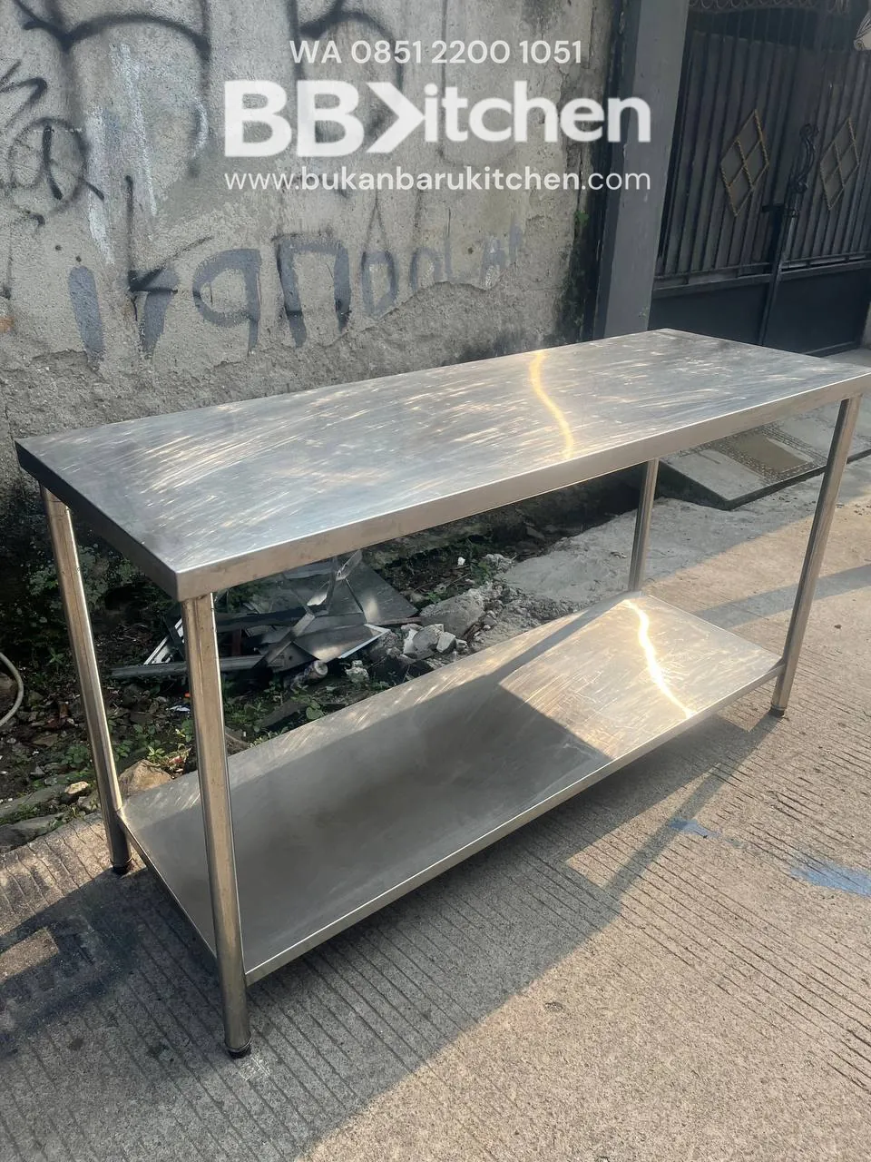 Meja Stainless 2 Susun Ukuran 155x55x85 untuk Dapur Komersial - Image 2