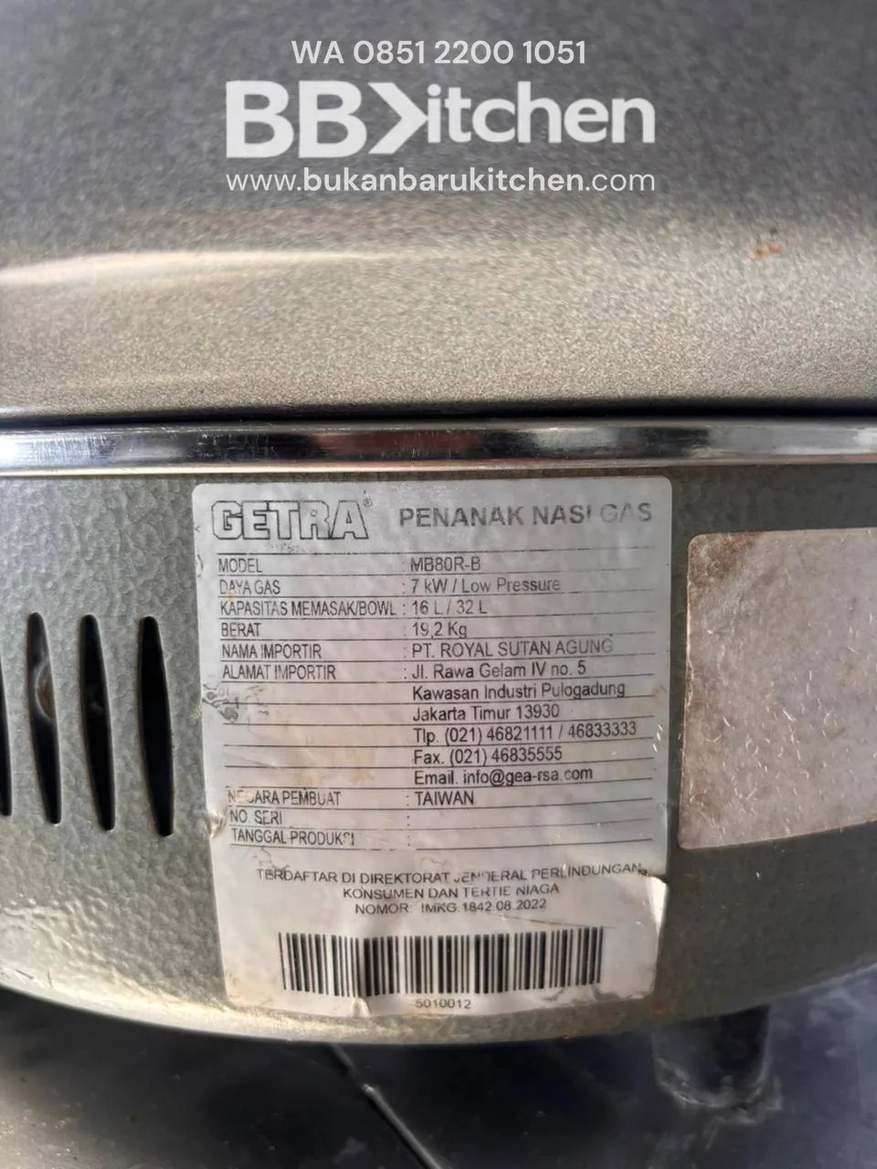 Rice Cooker Gas Getra MB80R-B Kapasitas 16 Liter - Image 8