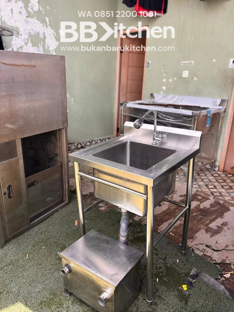 Single Sink Stainless Steel 1 Hole with Faucet and Grease Trap 60x60x85