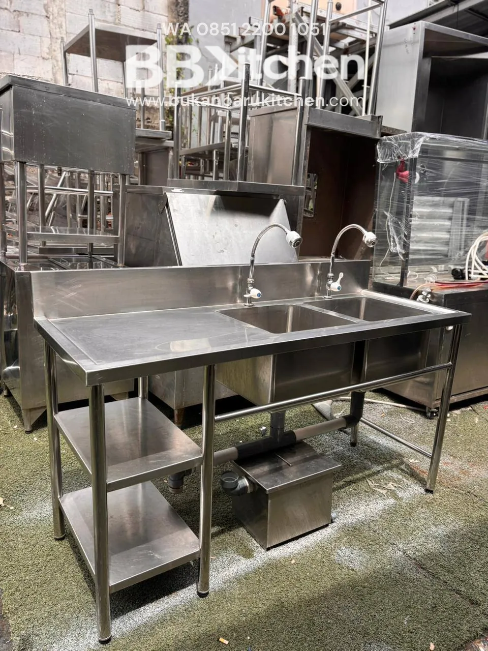 Sink 2 Lubang Sayap Kiri dengan Ambalan Meja dan Grease Trap 160x60 cm - Image 2