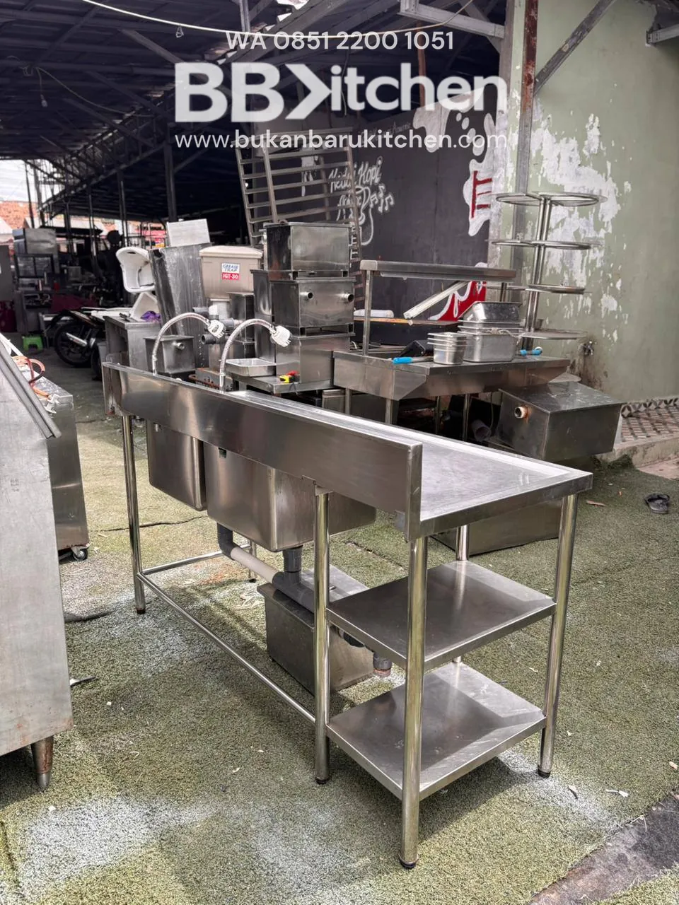 Sink 2 Lubang Sayap Kiri dengan Ambalan Meja dan Grease Trap 160x60 cm - Image 4