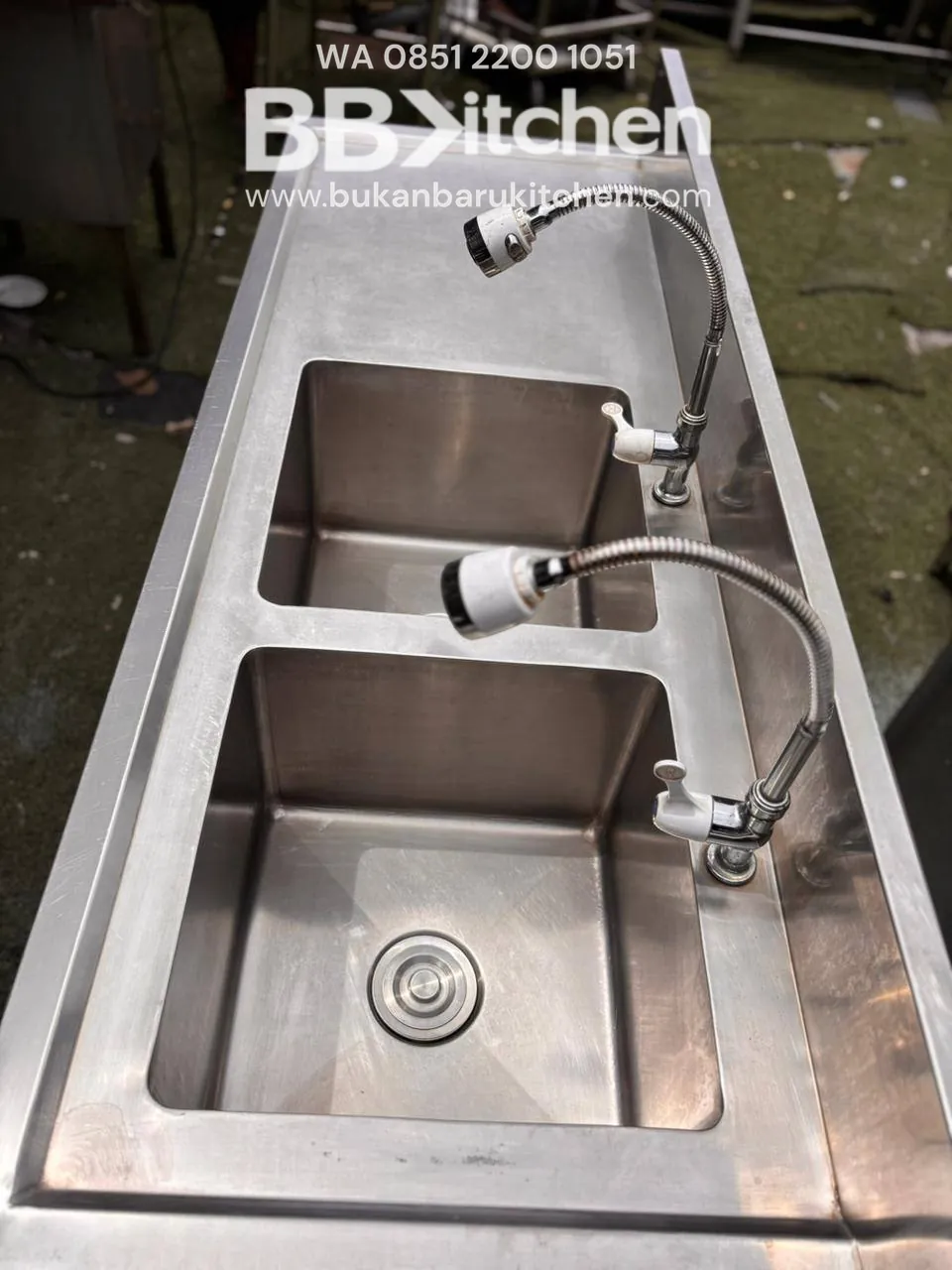 Sink 2 Lubang Sayap Kiri dengan Ambalan Meja dan Grease Trap 160x60 cm - Image 6