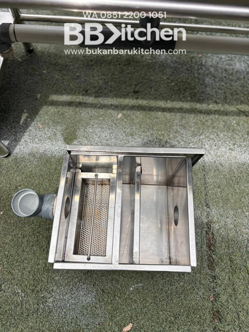 Sink 2 Lubang Sayap Kiri dengan Ambalan Meja dan Grease Trap 160x60 cm - Image 7
