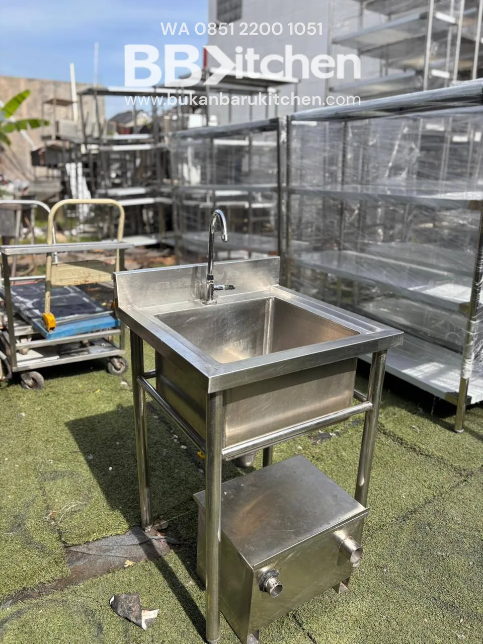 Sink Stainless Steel 1 Lubang 60x60x85 dengan Kran dan Grease Trap - Image 2