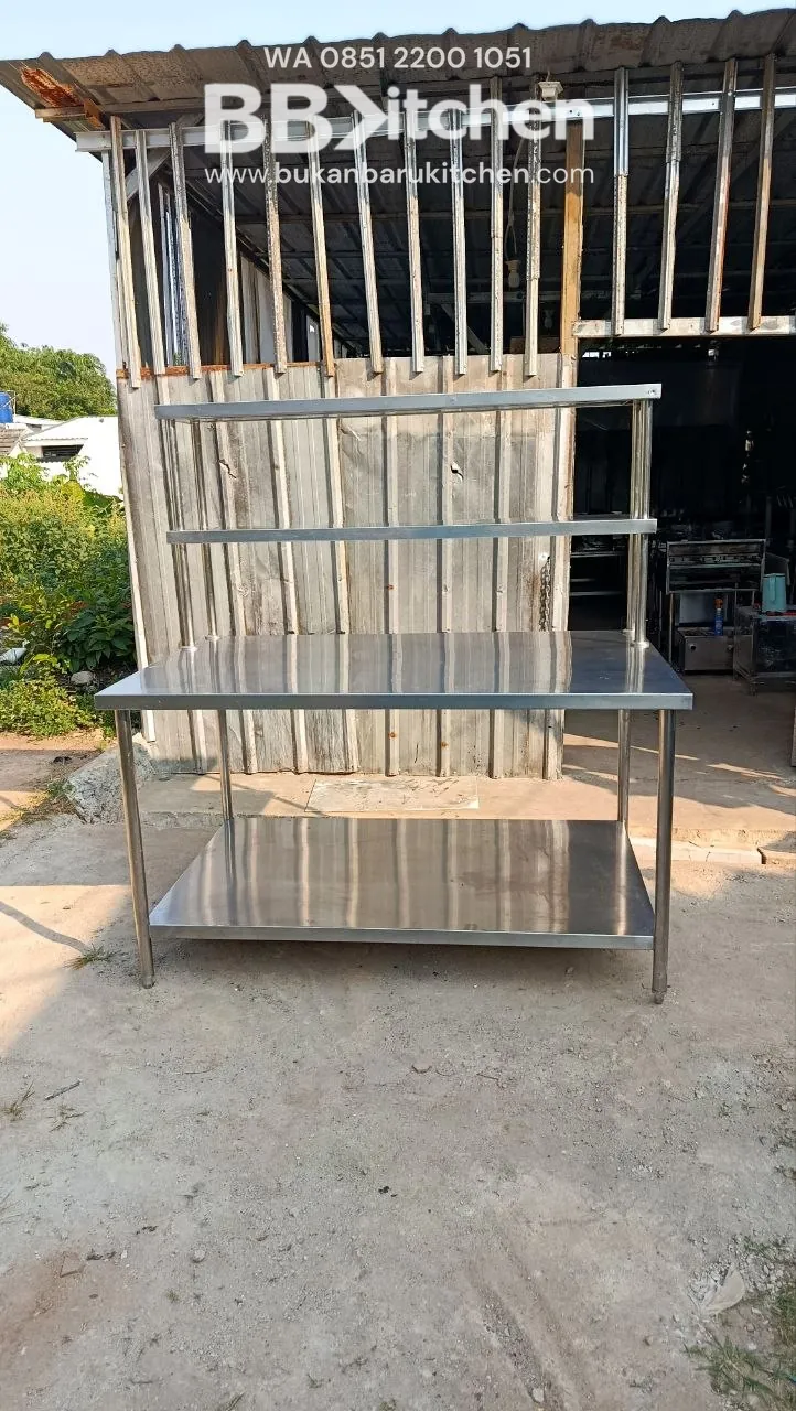 Meja 2 Susun Stainless Steel dengan Upper Shelf 150x95x85 cm - Image 5