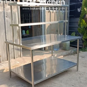Meja 2 Susun Stainless Steel dengan Upper Shelf 150x95x85 cm