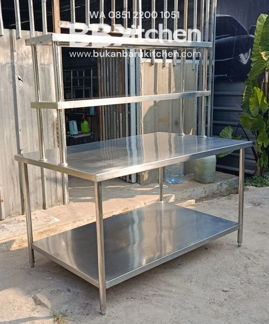 Meja 2 Susun Stainless Steel dengan Upper Shelf 150x95x85 cm